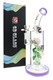 6B Glass water pipe with purple accents, pink rose perc, clear bowl, and branded hang tag beside a matching box.