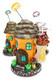 Three 6B Glass mushroom hut water pipes with brown layered roofs, orange walls and varied mouthpiece colors.