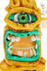 Close-up of the cyclops eye and green tooth-lined mouth framing the clear honeycomb disc percolator.