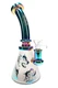 6B Glass frosted beaker water pipe with wolf graphics, rainbow metallic accents, curved neck, and clear bowl.