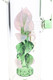 Close-up of the pink glass rose, sculpted green leaves, and showerhead perc inside the clear chamber.