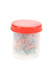 Wholesale jar of 200 glass jack pipe screens, assorted colors with red lid, bulk head-shop supplies shown in front-angle studio view on white.