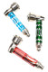Red, green and blue 3-inch metal smoking pipes with screw-on caps and swirl design on white background.