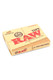 Bulk RAW pre-rolled filter tips single pack, kraft booklet with bold red logo, natural paper look, tilted product angle on white background.