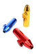 Assorted 2" metal bullet snuff vials in blue, red, and gold with side knobs and open tips