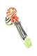 Color changing striped glass hammer bubbler shown angled with red, black, yellow, and green accents