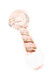 Clear glass spoon hand pipe with soft pink and brown wrapped ribbon accents shown at an angled side view.