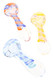 Assorted clear glass spoon hand pipes with colorful wrapped ribbon designs in blue, orange, yellow, and pink displayed together.
