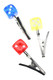 Wholesale metal roach clip trio with red, yellow and blue six-sided dice handles, serrated jaws shown on white backdrop