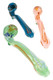 Three 6.5" Sherlock frit glass pipes in blue, pink, and green with multicolor striped accents