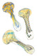 Wholesale 4" color-changing striped glass spoon pipes, clear body with multicolor cane work, assorted variants, top-down trio view for showcases.