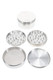 Raw-silver 4" (100 mm) 4-part aluminum metal grinder, disassembled to show magnetic lid, cutting teeth, mesh screen, and kief catch; wholesale product shot.