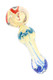 Color-changing glass spoon pipe with blue striped squiggle accents and red detail around the rounded bowl