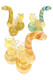 Three 8" double-chamber Sherlock bubblers with curved necks and assorted yellow, teal, and orange spiral stripes