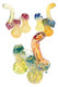 Multiple 7" Sherlock glass bubblers with curved necks, double chambers, and colorful frit accents