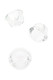 Clear replacement glass screen bowls shown in three angles on white background, small round inserts for silicone hand pipes in smoke shop wholesale.