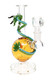 Side angle of Empire Glassworks Dragon Sphere mini rig, clear beaker base and sculpted dragon—wholesale dab rig, 14.5 mm female, amber globe body.