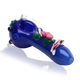 Cobalt spoon pipe with koi fish, lily pads and blossoms, reflective cutout on white—retail smoke-shop art glass, 4.5" body side profile.
