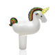 Empire Glassworks unicorn bowl for retail smoke gear displays, 14.5 mm frosted male joint, white body, rainbow mane, front-left profile on white.