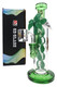 6B Glass stemless water pipe with green sculpted leaf vine and clear chamber for wholesale smoke shop showcases.