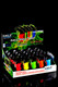 Wholesale 20-piece Eagle Neon Angle Single Torch display, assorted bright tanks with flip-cap chains; front view on black reflective background.
