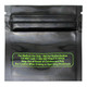 Wholesale half-gram mylar bag close-up of black back showing green California compliance warning text and zip-seal detail