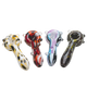 Front lineup of four 4" psychedelic spoon pipes on white, assorted colorways with clear marble grips—retail smoke-shop wholesale image showing bowls and stems.