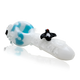 Side profile of 4.5" white and aqua penguin-themed glass hand pipe on white background—retail smoke-shop wholesale image highlighting glossy finish and details.
