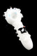 Angled studio view of 4.5" white glass spoon with aqua bowl and sculpted penguin on black—wholesale head-shop product shot showing raised ice-like marbles.