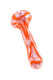 Clear glass spoon hand pipe with bright orange, white, and blue swirl accents shown at an angled side view.