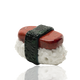 Side three-quarter product view for retail smoke gear—Spam Musubi novelty dry pipe, 3.5" glass with raised nori wrap and rice texture on white backdrop.
