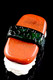 Red-brown Spam Musubi glass dry pipe for wholesale head-shop buyers, 3.5" borosilicate with dark-green nori band and textured white rice, angled black view.