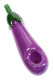 Purple eggplant-shaped glass spoon with green leaf cap, 5" length; side carb visible, novelty hand pipe for wholesale head-shop buyers. Purple eggplant-shaped glass spoon with green leaf cap, 5" length; side carb visible, novelty hand pipe for wholesale head-shop buyers.