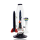 Side angle on white for retail smoke gear—9" Empire Glassworks rocket water pipe with interior rocket perc and included planet bowl on clear base.