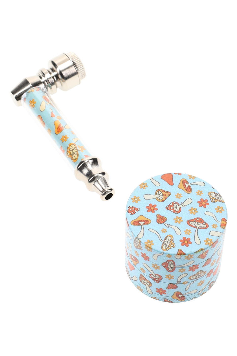 Light blue mushroom print metal pipe with matching mini grinder gift-set, compact wholesale bundle for smoke shop counters.