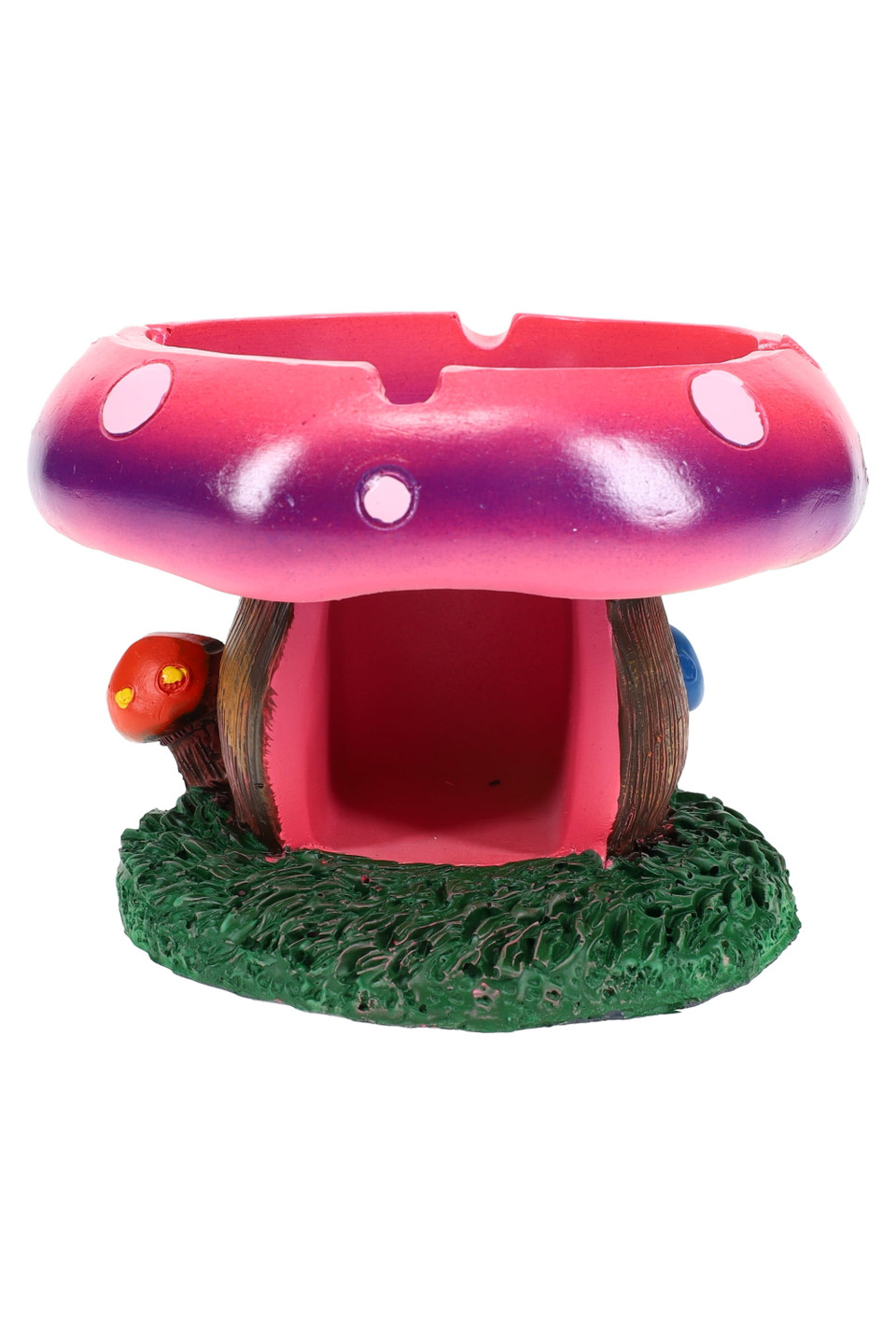 Pink mushroom house resin ashtray on green base, compact novelty wholesale tray shaped like a toadstool cottage.