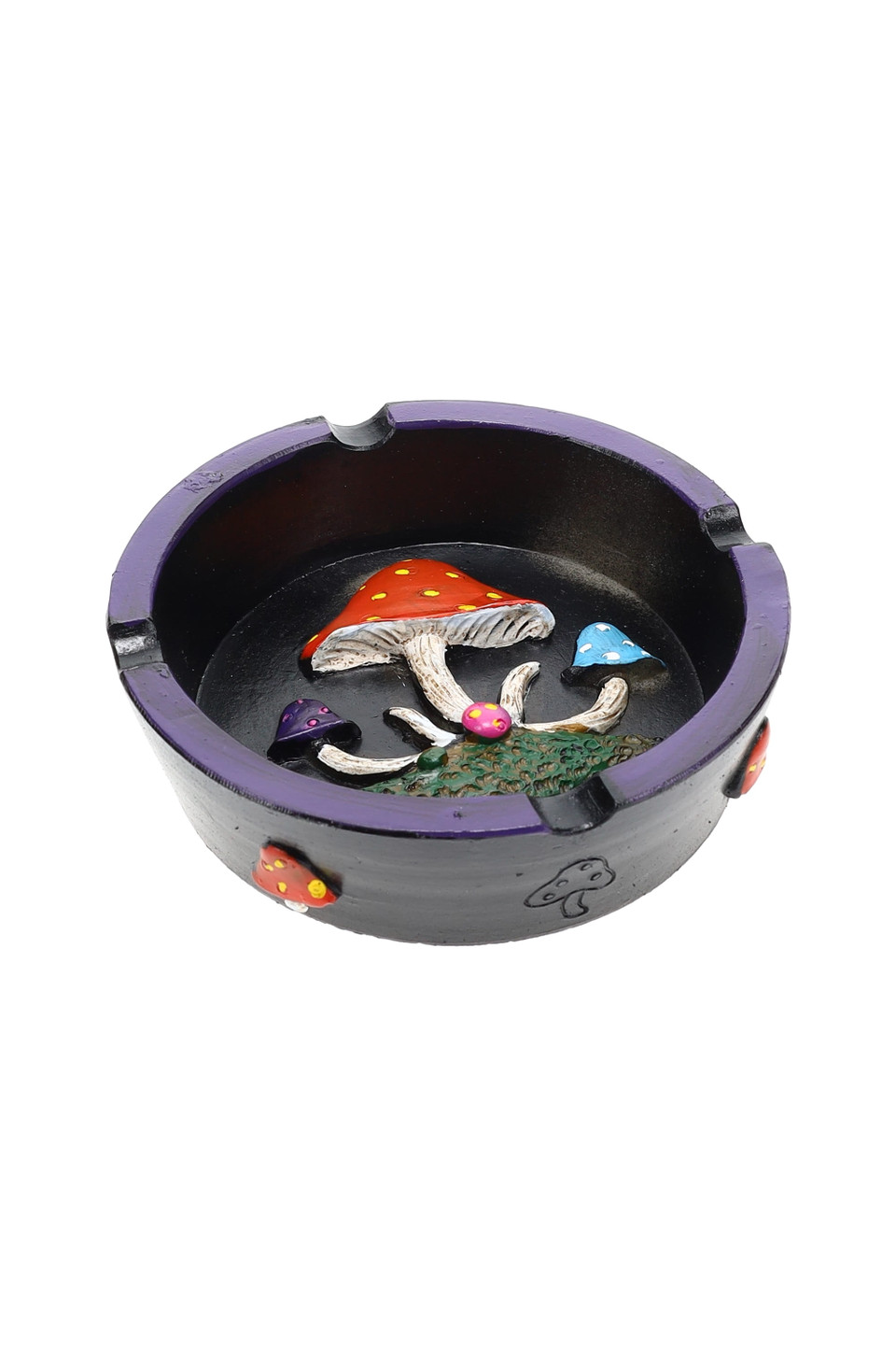 Round black and purple resin ashtray with raised red and blue mushrooms, compact wholesale shroom scene tray for smoke-shop counters.