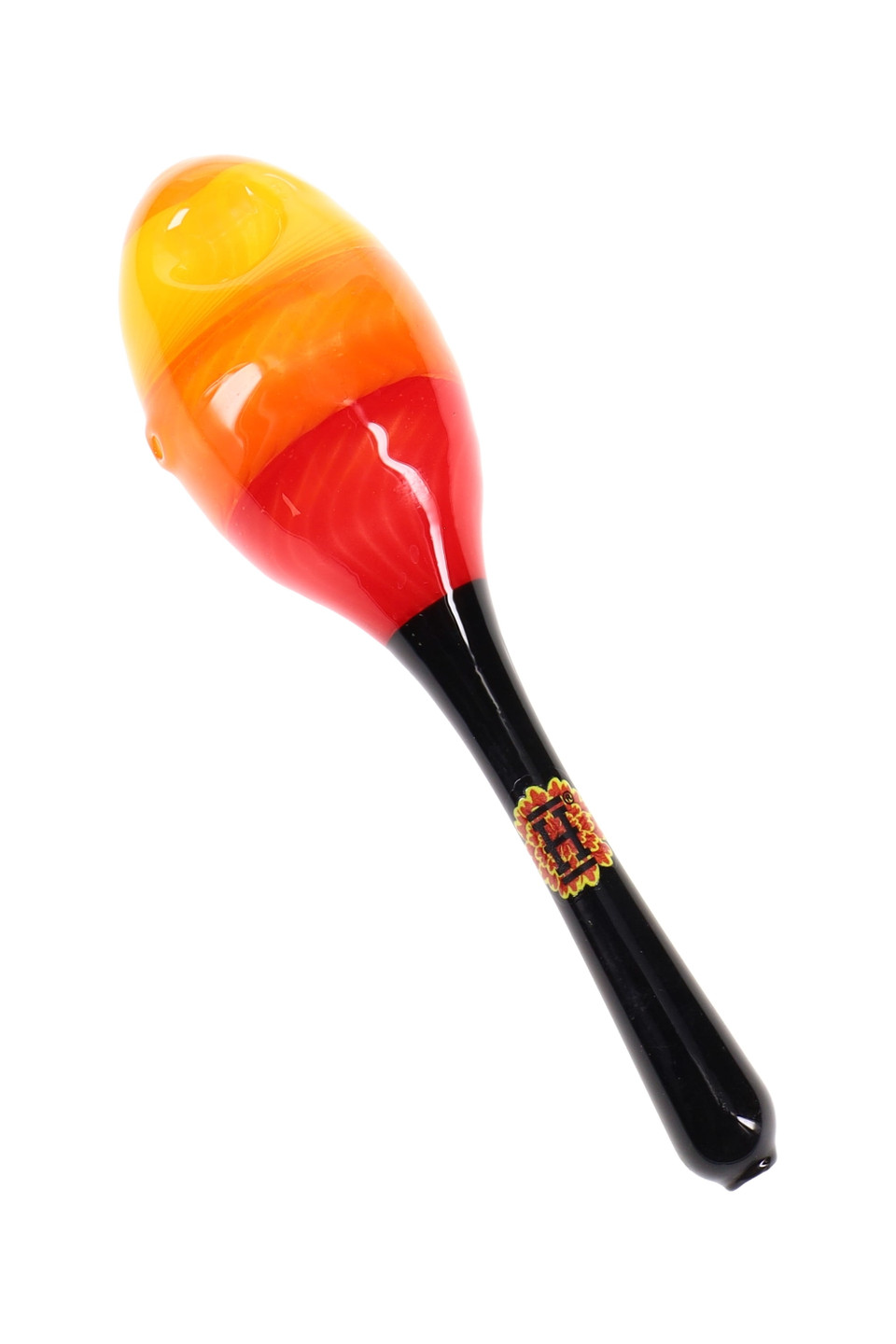 6" Hemper Dia De Los Muertos maraca glass hand pipe with bright festival gradient and boxed packaging