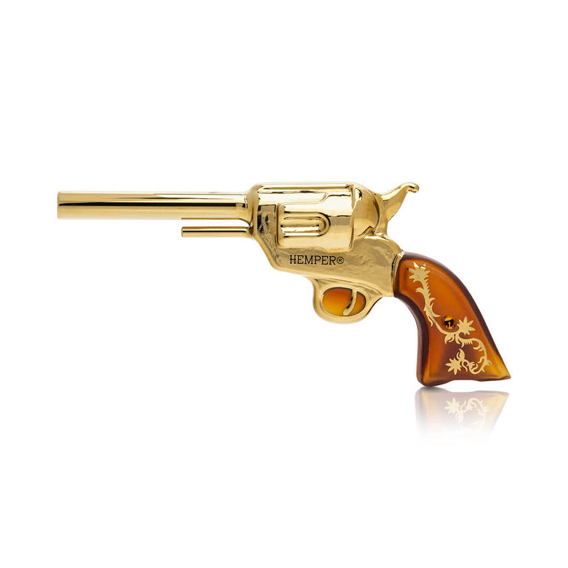 6" Hemper Wild West Peacemaker gold revolver glass hand pipe with matching frontier box art