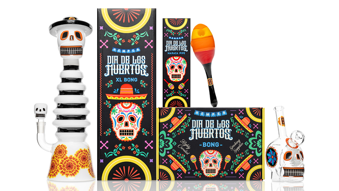 Hemper Dia De Los Muertos XL skull bong, standard bong and maraca hand pipe with vibrant festival packaging