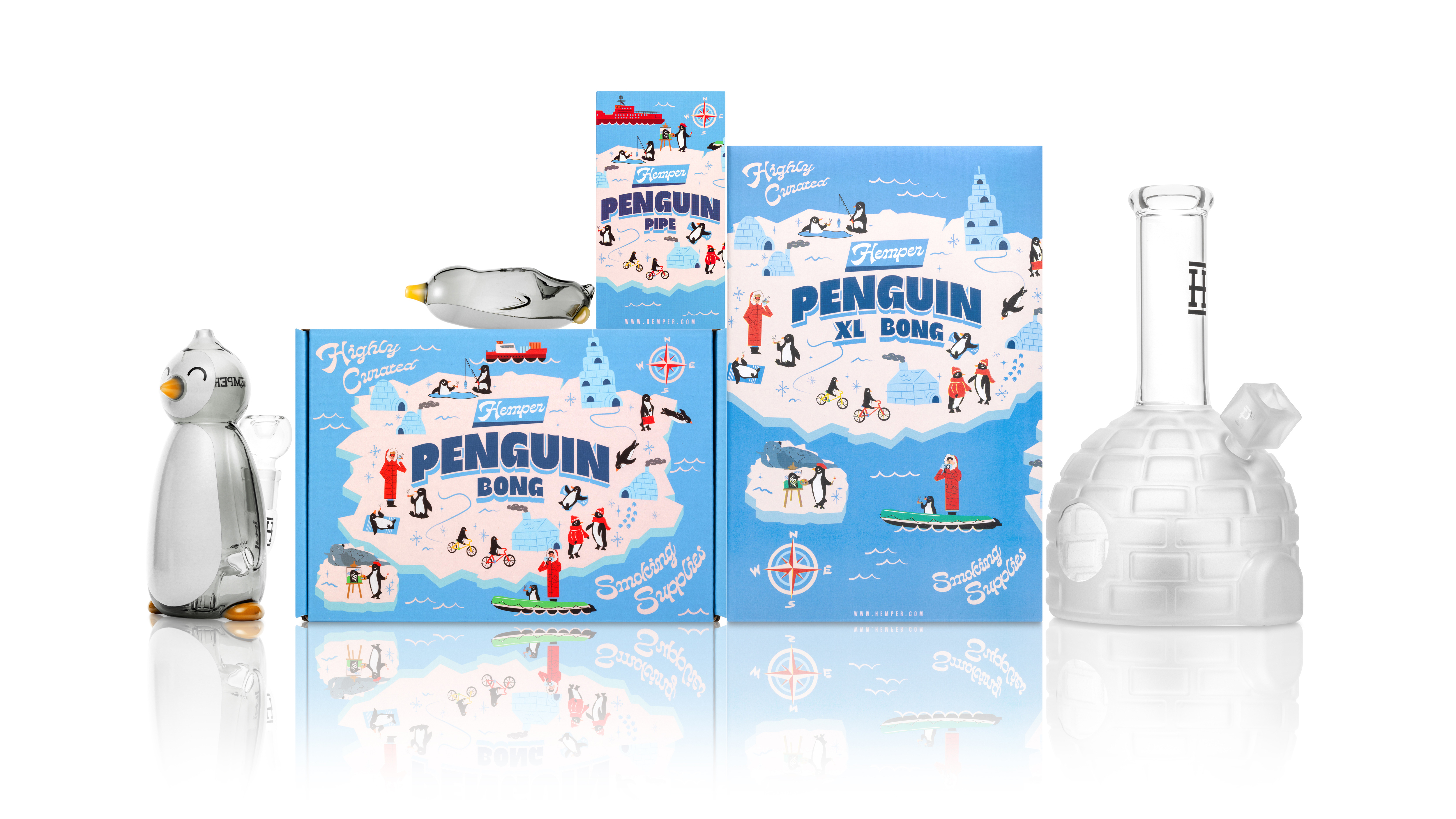 Hemper Penguin family glass hand pipe, igloo-base bong and XL penguin bong with icy blue packaging