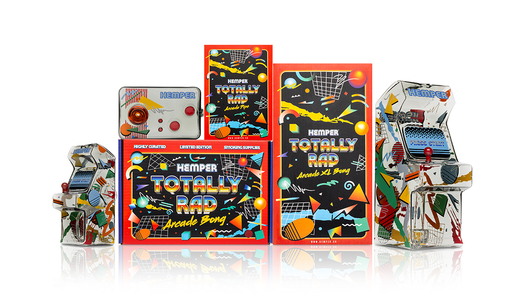 Hemper Totally Rad Arcade themed glass bong and controller hand pipe family styled like retro cabinet and joystick