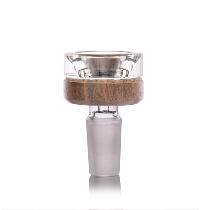 MJ Arsenal 14.5 mm Alpine Bowl with clear borosilicate cup and milled black walnut accent, vertical studio view