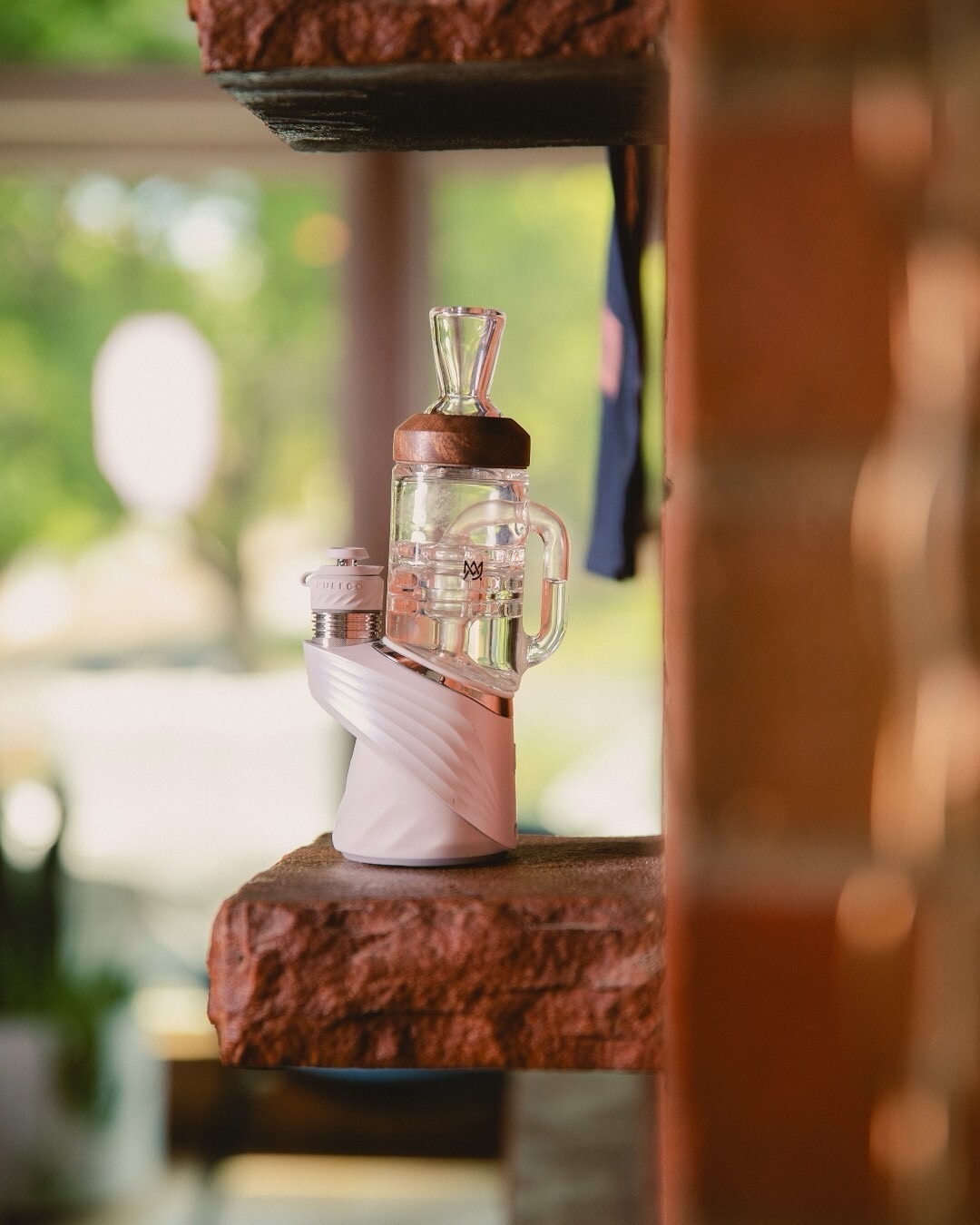 MJ Arsenal Halo glass attachment for Puffco Peak/Peak Pro with Alpine styling and walnut detail, tall studio shot