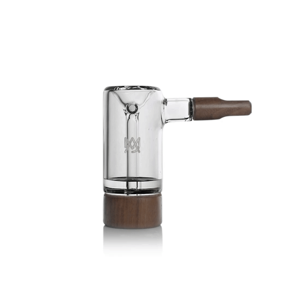 Steamboat handheld bubbler with compact chamber and black walnut detail, clear borosilicate build, vertical studio angle