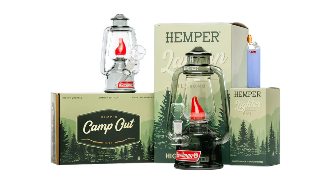 Hemper Bowlman lantern themed glass bongs and hand pipe with lighter-style red flame details
