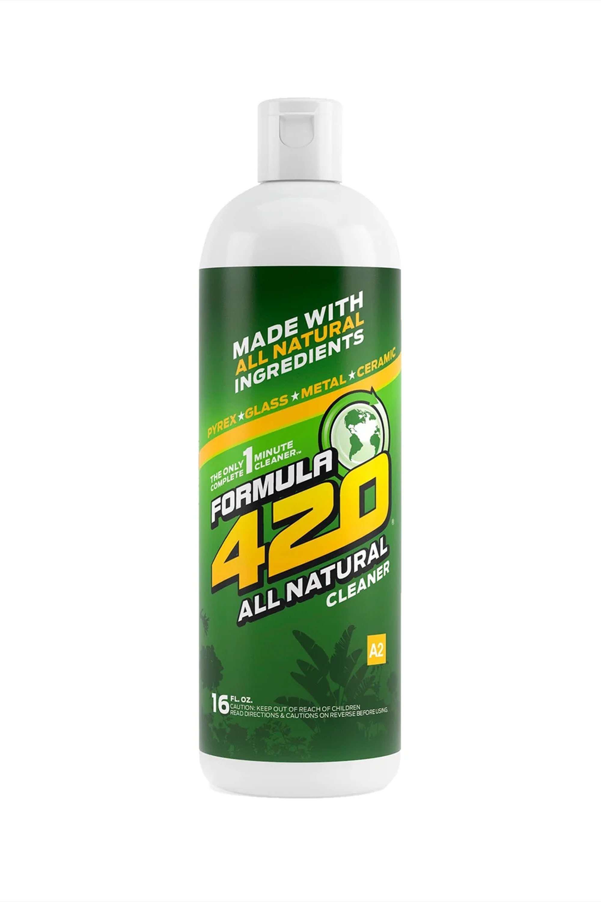 Formula 420 All Natural 16 oz vertical bottle for wholesale retail smoke gear; eco-forward design with green accents