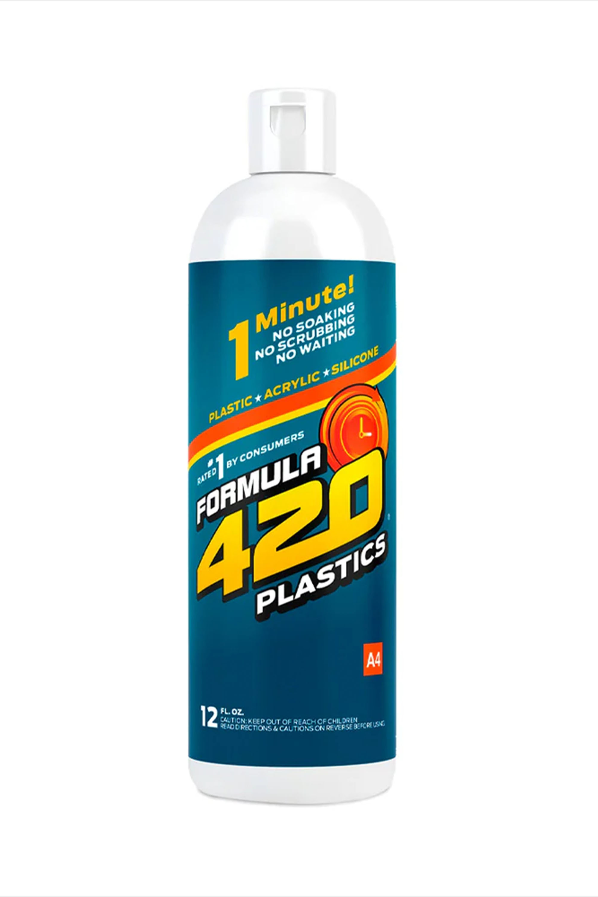 Formula 420 Plastic Cleaner 12 oz vertical bottle for retail smoke gear; plastic-safe label facing forward