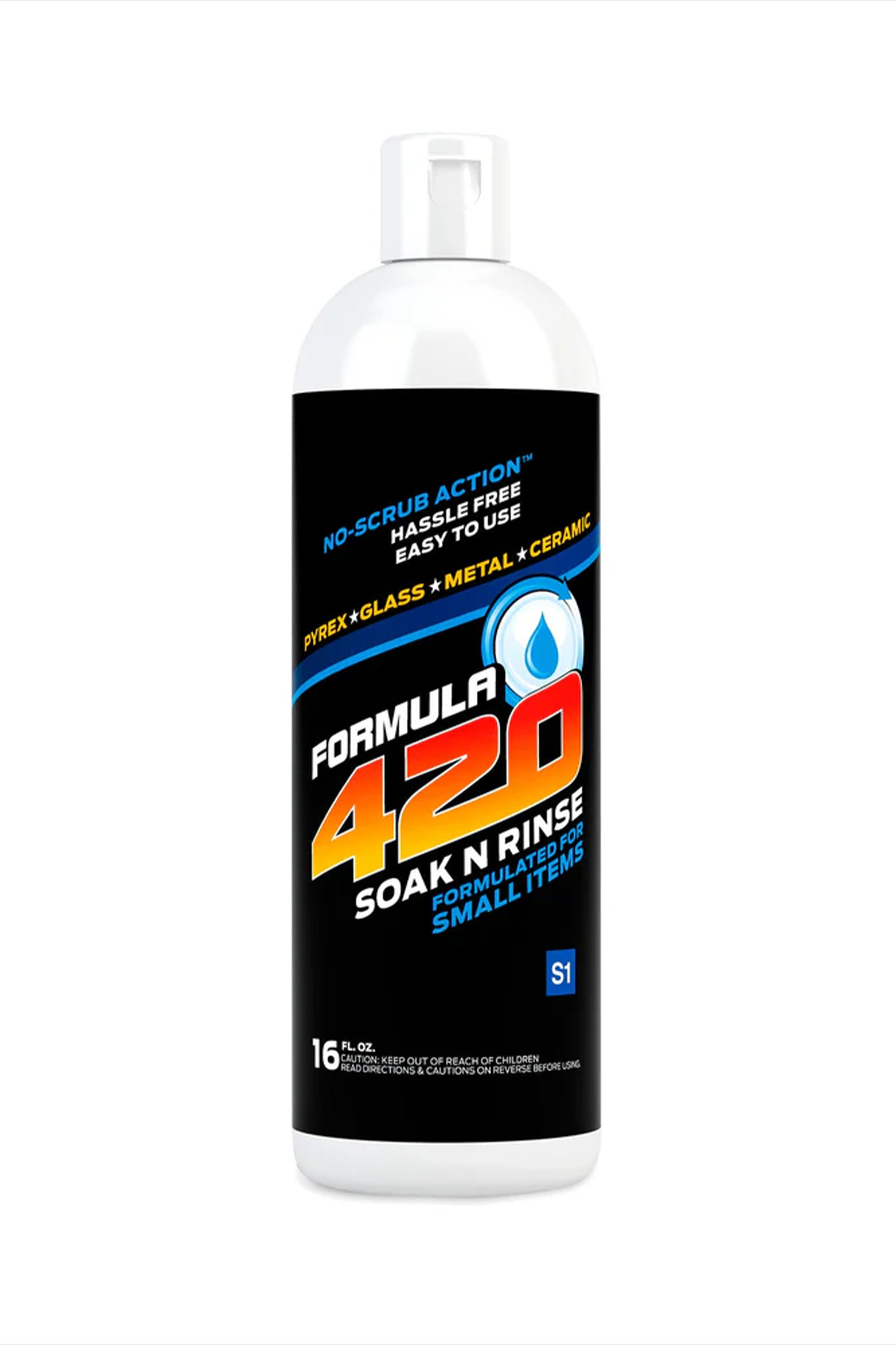 Formula 420 Soak N Rinse Cleaner 16 oz vertical bottle for wholesale head-shop supplies; front label shown for no-scrub soak use