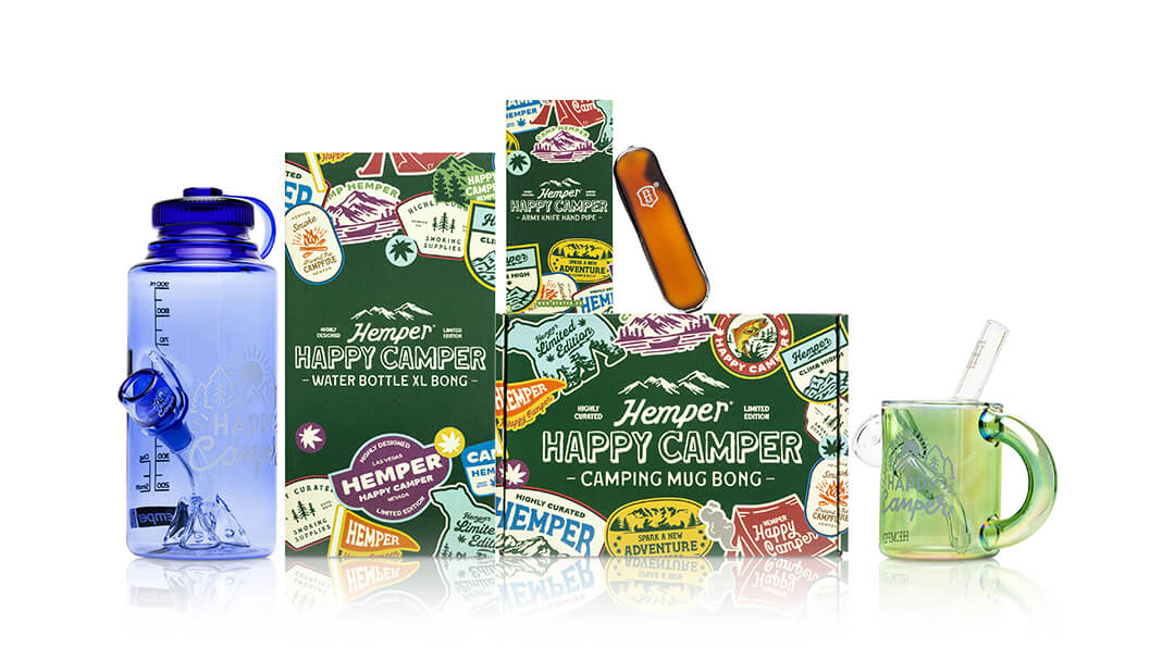 Hemper Happy Camper campfire mug bong, water bottle XL bong and army knife hand pipe with stickered packaging